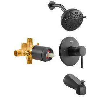 VEVOR Tub and Shower Faucet Set, Complete with 4.7-Inch Rainfall Shower Head and Bathtub Spout, 9-Setting Adjustable Spray, Single-Handle Tub Trim Kit with Brass Pressure Balancing Valve, Matte Black