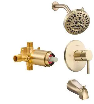 VEVOR Tub and Shower Faucet Set, Complete with 5-Inch Rainfall Shower Head and Bathtub Spout, 8-Setting Adjustable Spray, Single-Handle Tub Trim Kit with Brass Pressure Balancing Valve, Gold Finish