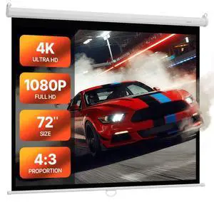 VEVOR Manual Projector Screen, 72 inch 4:3 4K 1080 HD Retractable Pull Down Projector Screen, Wall Mounted Movie Projection with Pull Rope, Portable Display Projectoin for Family Home Office Theater
