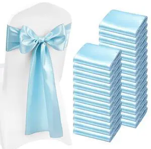VEVOR Satin Chair Sashes Bows, 100PCS Chair Ribbon Ties Back Sash, 7 x 108 inch, Light Blue Wedding Reception Decoration, for Wedding Ceremony Baby Shower Party Events Banquet Chair Cover Decoration