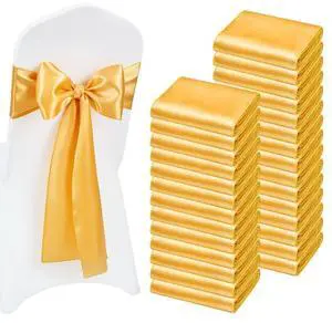 VEVOR Satin Chair Sashes Bows, 100PCS Chair Ribbon Ties Back Sash, 7 x 108 inch, Gold Wedding Reception Decoration, for Wedding Ceremony Baby Shower Party Events Banquet Chair Cover Decoration