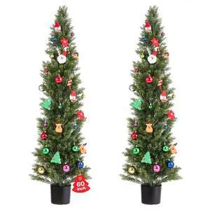 VEVOR Artificial Topiary Cedar Trees, 60 inch 2 Set Faux Pine Shrubs Plants, Fake Silk Tree Look Real, Easy Assembly for Decor Front Porch Outdoor Patio Garden Balcony Backyard Indoor Office