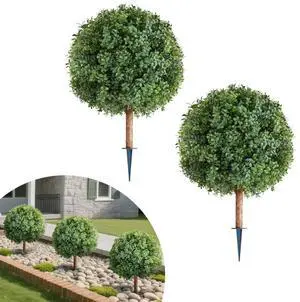 VEVOR Artificial Topiary Boxwood Trees with Ground Spike, 27 inch 2 Set Faux Shrubs & Bushes Potted Plants, Fake Silk Tree Look Real for Decor Front Porch Outdoor Indoor Patio Garden Balcony Backyard