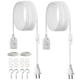 VEVOR Plug in Hanging Light Cord Kit, 16ft Lantern Extension Cords, 2 Pack E26 Light Socket Lamp Cord Replacement, Secure & Sturdy, Easy to Install, Pendant Lamp Kit On/Off Switch & Socket Rings