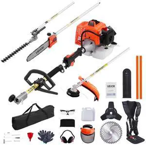 VEVOR Gas Hedge Trimmer, 2 Cycle Gas Power Handheld Hedge Trimmer, 5-in-1 63cc Cordless Weed Eater with Protective Gear Set, Includes Hedge and String Trimmer, Brush Cutter(3T & 40T Blades), Pole Saw