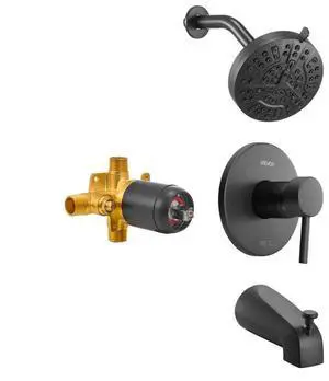 VEVOR Tub and Shower Faucet Set, Complete with 5-Inch Rainfall Shower Head and Bathtub Spout, 8-Setting Adjustable Spray, Single-Handle Tub Trim Kit with Brass Pressure Balancing Valve, Matte Black