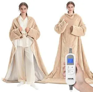 VEVOR Wearable Electric Heated Throw Blanket with Foot Pocket & Sleeves, Portable Robe Snuggie Blankets for Women, 10 Heating Levels, 12H Auto Shut-Off, Machine Washable, 50 x 70 inch, Beige