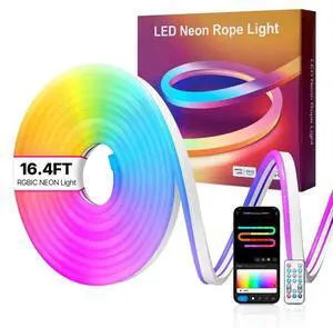 VEVOR LED Neon Rope Light, 16.4 ft, Flexible RGBIC LED Strip Light, Control with App/Remote, Works with Alexa & Google Assistant, Music Syncing, Custom DIY Neon Flex Lights, for Bedroom Gaming Indoor