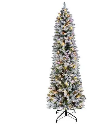 VEVOR Christmas Tree, 6ft Prelit Flocked Artificial Tree, Full Holiday Xmas Deco Trees with 240 Colorful LED Lights, 11 Lighting Modes & 635 Branch Tips for Home Party Office Decoration