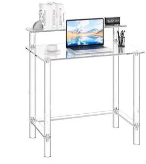 VEVOR Acrylic Table, 2 Tiers Clear Office Desk with Monitor Stand, Acrylic Study Computer Desk, Modern Side End Table Nightstand for Bedroom, Office, Study, Cloakroom, 19.7 x 31.5 x 34.7 in (Clear)