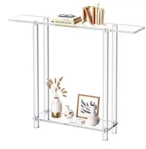 VEVOR Acrylic Console Table, 2 Tiers Narrow Side Desk with Bottom Open Storage, Modern Rectangle Acrylic End Table, Transparent Entry Desk for Foyer, Hallway, Living Room, 7.6 x 39.4 x 31.5 in (Clear)