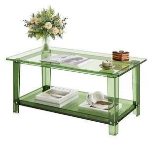 VEVOR Acrylic Coffee Table, 2 Tiers Center Table with Storage Shelf, Modern Rectangle Acrylic Coffee Desk, Ideal for Dining Room, Kitchen Island, Restaurant, Office, 19.7 x 31.5 x 15.7 in (Green)