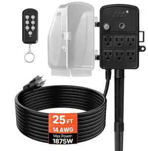 VEVOR Outdoor Power Stake, 25FT Extension Cord, Outdoor Power Strip Weatherproof with Cover, Remote Control Dusk to Dawn Light Timer Waterproof, 6 Outlets, 1875W/15A, for Christmas Lights, Garden