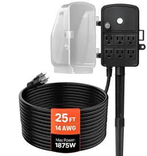 VEVOR Outdoor Power Stake, 25 FT Extension Cord, Outdoor Power Strip Weatherproof with Cover and Overload Protection, 6 Outlets, 15A/1875W, Waterproof Multi-Outlet Yard Stake for Christmas Lights