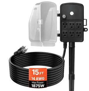 VEVOR Outdoor Power Stake, 15 FT Extension Cord, Outdoor Power Strip Weatherproof with Cover and Overload Protection, 6 Outlets, 15A/1875W, Waterproof Multi-Outlet Yard Stake for Christmas Lights