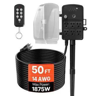 VEVOR Outdoor Power Stake, 50FT Extension Cord, Outdoor Power Strip Weatherproof with Cover, Remote Control Dusk to Dawn Light Timer Waterproof, 6 Outlets, 1875W/15A, for Christmas Lights, Garden