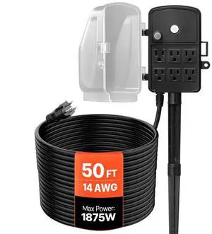 VEVOR Outdoor Power Stake, 50 FT Extension Cord, Outdoor Power Strip Weatherproof with Cover and Overload Protection, 6 Outlets, 15A/1875W, Waterproof Multi-Outlet Yard Stake for Christmas Lights