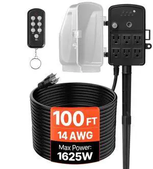 VEVOR Outdoor Power Stake, 100FT Extension Cord, Outdoor Power Strip Weatherproof with Cover, Remote Control Dusk to Dawn Light Timer Waterproof, 6 Outlets, 1625W/13A, for Christmas Lights, Garden