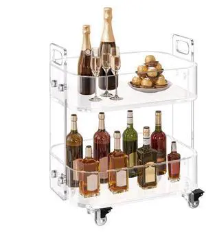VEVOR Acrylic Table with Wheels, 2 Tiers Mobile Cart Table, Modern Rolling Acrylic Storage Desk, Clear Nightstand Side End Desk, for Living Room, Bedroom, Bar, Office, 12 x 16.3 x 18.9 in (Clear)