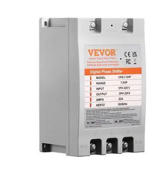 VEVOR 3 Phase Converter- 7.5HP 23A 220V Single Phase to 3 Phase Converter, Digital Phase Shifter for Residential & Light Commercial Use, 220V Input/Output (One DPS Must Be  on One Motor Only)