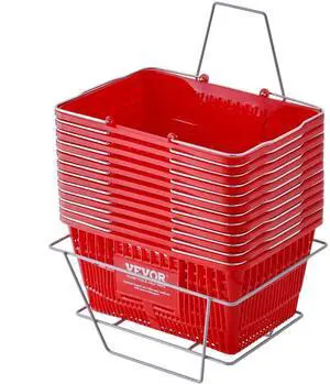 VEVOR Shopping Basket, Set of 12, 21L Durable Plastic Grocery Basket with Metal Handle and Stand, 16.73 x 12.01 x 8.58 inch Portable Shop Basket  for Retail Store Supermarket Grocery Shopping, Red