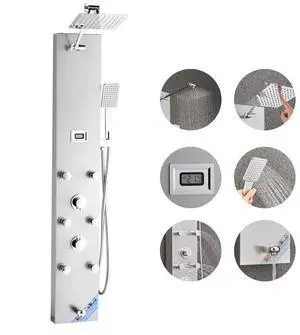VEVOR Shower Panel Tower System with Rainfall Shower Head, LED, 49 in Brushed Stainless Steel Shower Column, 4-Function Faucet, Wall-Mount Rain Massage System with 6 Body Jets, Handheld, and Tub Spout
