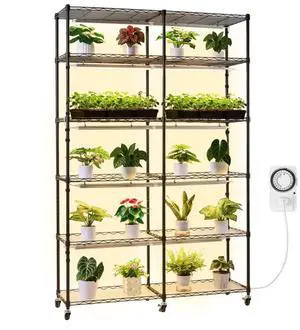 VEVOR Plant Shelf with Grow Light, 6-Tier Double-Row Plant Stand, 71in Tall Indoor Plants Display Rack with Wheels & Timer, 200W Full Spectrum Grow Lights, Metal Flower Pot Holder for Seed Starting