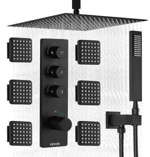 VEVOR Shower Faucet Set, 16 Inch Thermostatic Ceiling Mount Rainfall Shower System with 6 Body Jets and Handheld Spray, Rotatable 3-Function Rain Head Complete Brass Valve and Trim Kit, Matte Black
