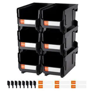 VEVOR Plastic Stackable Storage Bins, 14.8 x 8.5 x 7.1 inch (6 Pack), Plastic Containers for Organizing and Storage Bins for Closet, Garage, Small Parts, Office Supplies and Other Accessories, Black