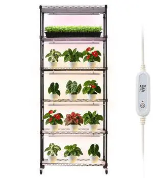 VEVOR Plant Shelf with Grow Light, 6-Tier Indoor Plant Stand, 71in Tall Plants Display Rack with Wheels & 4/9/14H Timer, 150W 3-Color Full Spectrum Grow Lights, Flower Pot Holder for Seed Starting