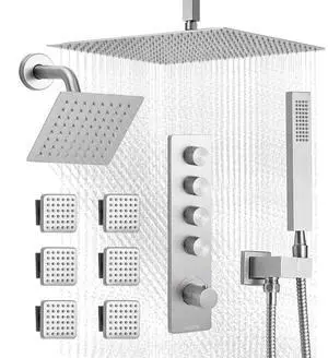 VEVOR Shower Faucet Set, 16 Inch Thermostatic Ceiling Mount Rainfall Shower System with 6 Inch Wall Mount Head, 6 Body Jets and Handheld Spray, Dual Rain Head Brass Valve and Trim Kit, Brushed Nickel