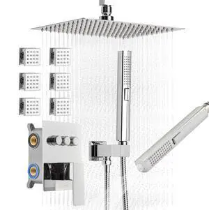 VEVOR Shower Faucet Set, 10 Inch Ceiling Mount Rainfall Shower System with 6 Body Jets and 2 in 1 Handheld Spray, Rotatable 3-Function Rain Head System Set, Complete Brass Valve and Trim Kit, Chrome