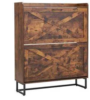 VEVOR Shoe Cabinet with 2 Flip Drawers, Farmhouse Shoes Storage Cabinet with Metal Legs and Anti-Tipping Device, Freestanding Shoe Organizer Ideal for Entryway, Hallway, Bedroom, Living Room, Brown