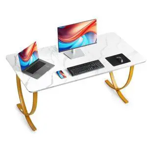 VEVOR Executive Desk, 63" W x 31.5" D Large Office Desk, Modern Computer Table Conference Meeting Room Table, Business Furniture Enlarged Desktop for Home Office, White and Gold