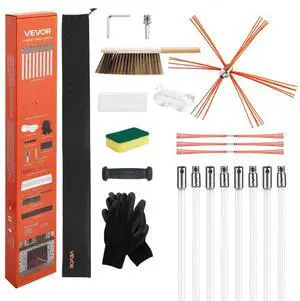 VEVOR Chimney Sweep Kit, 26 ft Maximum Extendable Length Chimney Brush, Chimneys Cleaning Kit with Bristle Replacements & Goggles, 90° Bendable Fireplace Cleaning Tool, for Square, Rectangle Chimneys