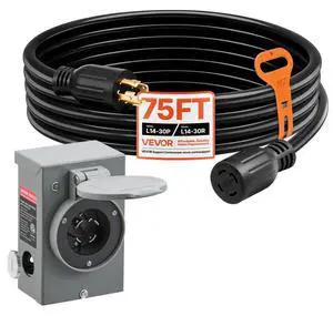 VEVOR 30 Amp Generator Cord and Power Inlet Box, 75 FT, 125/250V NEMA L14-30P to L14-30R Heavy Duty Extension Power Cord, SJTW 10 Gauge 7500W, Pre-Drilled Inlet Box, for Generator to House, ETL Listed