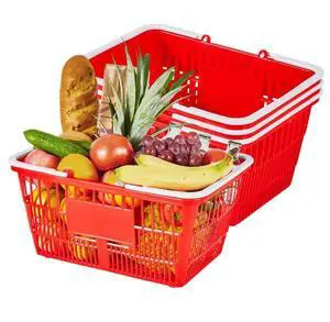 VEVOR Shopping Baskets, 4 PCS, 21L Stackable PE Plastic Grocery Baskets with Handles, Dense Mesh Structure, Holds up to 20 lbs, Portable for Grocery, Retail, Stores, Supermarket, Home Use, Red