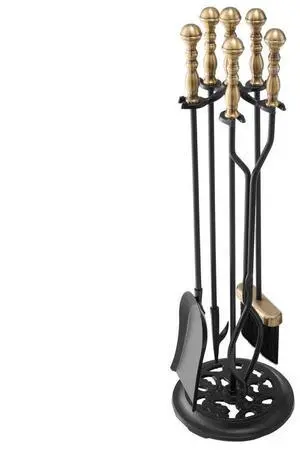 VEVOR Fireplace Tool Set, 5 PCS Fire Tool Set and Holder with Five-Prong Stand, Tongs, Ash Shovel, Brush, Fire Place Poker, Wrought Iron Fireplace Accessories for Indoor/Outdoor, Black & Brass