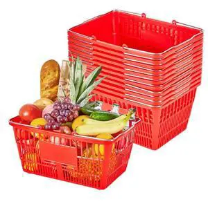 VEVOR Shopping Baskets, 12 PCS, 21L Stackable PE Plastic Grocery Baskets with Metal Handles, Dense Mesh Structure, Holds up to 20 lbs, Portable for Grocery, Retail, Stores, Supermarket, Home Use, Red