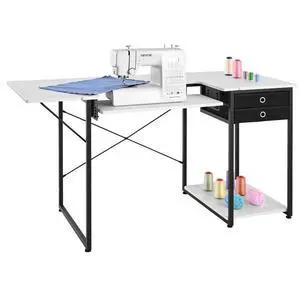 VEVOR Sewing Table, Multipurpose Sewing Machine Table with Drawers, Foldable Side Shelf, Adjustable Shelf, Steel Legs, Computer Desk for Home, Fashion Studio, Art Studio, Educational Institution