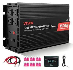 VEVOR 1500W Power Inverter, 12V DC to 120V AC Pure Sine Wave Inverter, Car Charger Converter with Remote Control, USB & Type-C Ports, 4 AC Outlets, Fast-charging for RV, Truck Outdoor Camping