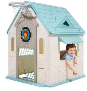 VEVOR Outdoor Playhouse, 5-In-1 Cottage Play House with Pretend Play, Basketball, Darts, Soccer, Ring Toss, Window & Convenient Door, Toddler Slide Set for Aged 2+, Smooth Edges, Polypropylene Plastic