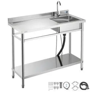 VEVOR Stainless Steel Utility Sink, Free Standing Single Bowl Commercial Kitchen Sink with Faucet, Utility Left Basin Workbench with Hot & Cold Water Pipe for Garage Restaurant Laundry, 47x19.7x37 in