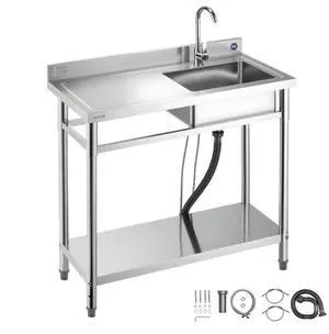 VEVOR Stainless Steel Utility Sink, Free Standing Single Bowl Commercial Kitchen Sink with Faucet, 39.4 x 19.7 x 37 in, Utility Left Basin with Hot & Cold Water Pipe for Garage, Restaurant, Laundry