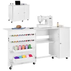 VEVOR Folding Sewing Table, Multipurpose Sewing Machine Table with Cabinet, Compact Design, Wheels, Wooden Pegs, Storage Trays and Shelf, Magnetic Door, Craft Station and Side Desk for Home, White