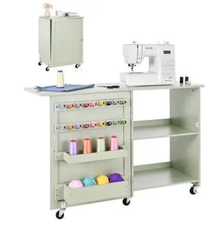 VEVOR Folding Sewing Table, Multipurpose Sewing Machine Table with Compact Design, Wheels, Wooden Pegs, Storage Trays and Shelf, Magnetic Door Lock, Craft Station and Side Desk for Home, Light Green