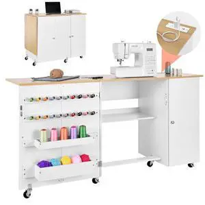 VEVOR Folding Sewing Table, Multipurpose Sewing Machine Table with Cabinet, Charging Station, Compact Design, Wheels, Wooden Pegs, Storage Trays and Shelf, Craft Station and Side Desk for Home