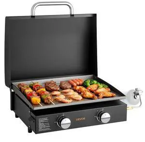 VEVOR Gas Griddle, 2 Burner Tabletop Griddle, 22 inch Portable Griddles Propane with Lid, Oil Drain Hole & Oil Collection Tray, 2 x 11000BTU Camping Flat Top Grill for Outdoor Cooking, Tailgating