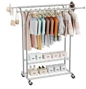 VEVOR Clothes Rack, Rolling Clothing Garment Rack with 2 Hanging Rods and 2 Storage Shelves, 264 lbs Load Capacity, Adjustable Height Carbon Steel Clothing Racks for Bedroom, Laundry, Living Room