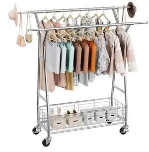 VEVOR Clothes Rack, Rolling Clothing Garment Rack with 2 Hanging Rods and Storage Basket, 330 lbs Load Capacity, Extendable Carbon Steel Clothing Racks with Wheels for Bedroom, Laundry, Living Room
